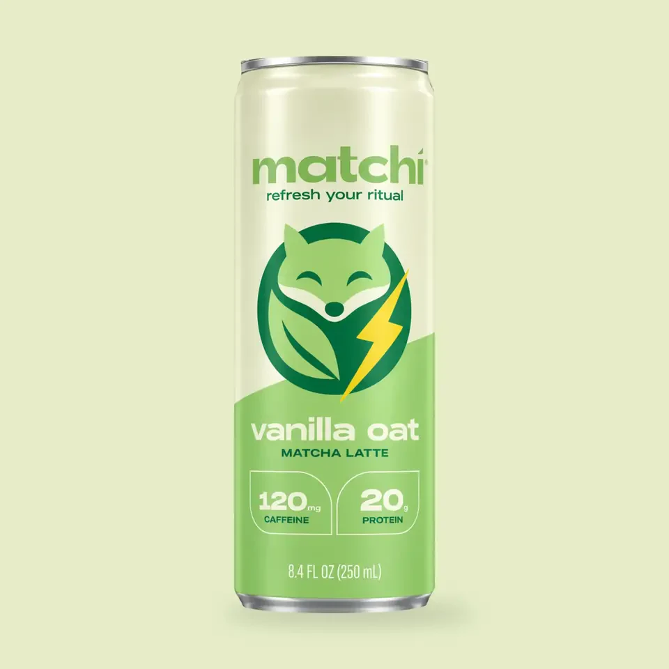 A can of Matchi vanilla oat matcha latte.