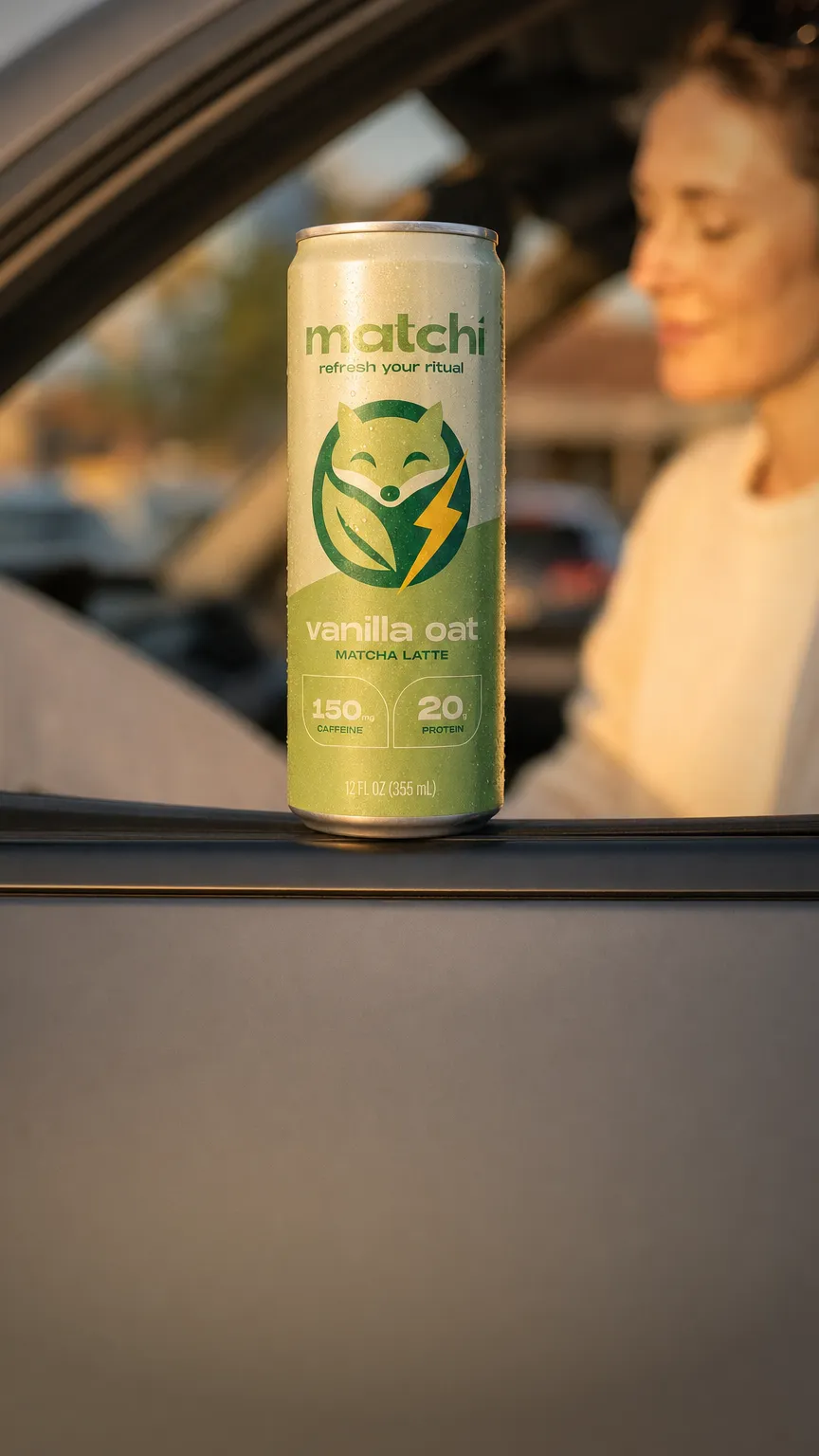 A Matchi can on a car window sill above a clear, softly lit door panel.
